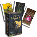 Sleepy Hollow tarot kortų rinkinys – juoda dėžutė su auksiniais užrašais ir trimis pavyzdinėmis kortomis fone
