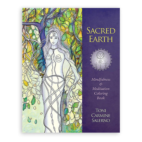 Spalvinimo knyga Sacred Earth, Toni Carmine Salerno — violetinis šoninis viršelis ir medį apsikabinusios deivės iliustruotas priekinis viršelis