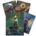 Angelarium orakulo kortų rinkinys su Peter Mohrbacher iliustruotu viršeliu ir keliomis atversto kortų unikaliomis iliustracijomis