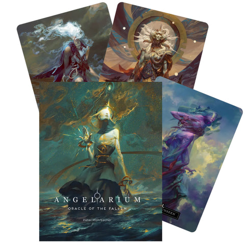 Angelarium orakulo kortų rinkinys su Peter Mohrbacher iliustruotu viršeliu ir keliomis atversto kortų unikaliomis iliustracijomis