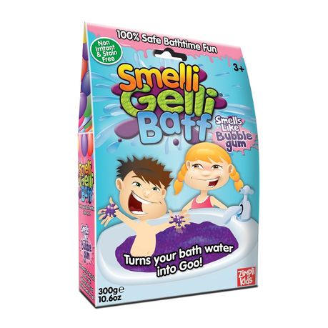 Smelli Gelli Baff vonios želė 300 g – pakuotė su vaikų iliustracija, purpurinis, kramtomos gumos kvapo vanduo, paverčia vonią geliu