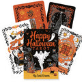 Tarot kortos Happy Halloween, Sonu Graves — oranžinė ir juoda dėžutė su viršeliu bei kelios atverstos kortos