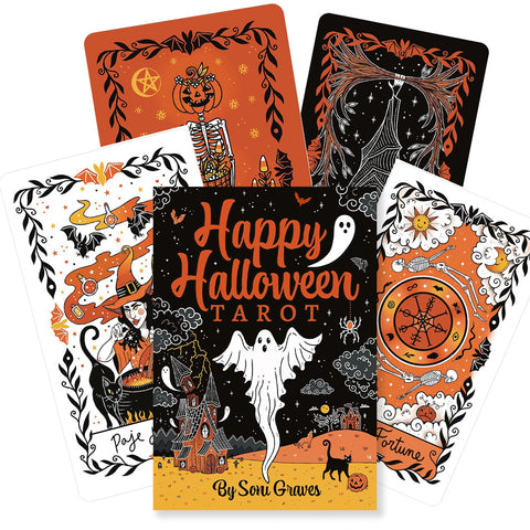 Tarot kortos Happy Halloween, Sonu Graves — oranžinė ir juoda dėžutė su viršeliu bei kelios atverstos kortos