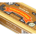 Smilkalai Satya Tuscan Leather 15 g rudos dėžutės kampo artimas planas, pabrėžia prekinį ženklą ir sertifikatą