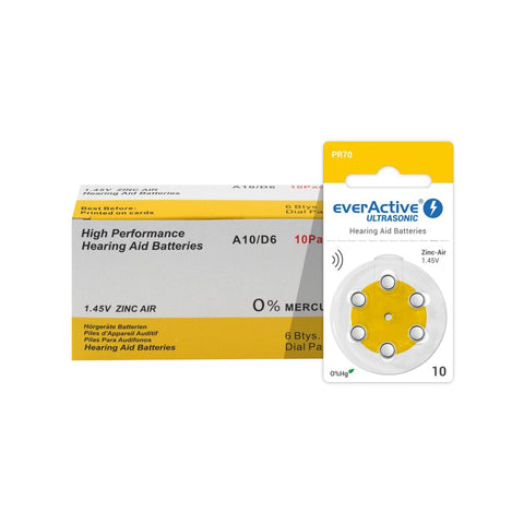 Everactive Ultrasonic 10 (PR70) klausos aparatų baterijos, 6 vnt.