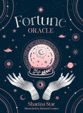 Knyga Fortune Oracle, tamsiai mėlynas viršelis su rožine kristalinio rutulio ir iškeltų rankų iliustracija, aut. Sharina Star