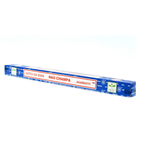 Nag Champa smilkalai Satya, mėlyna 15 g ilga pakuotė iš priekio, klasikinis medituoti ir namams skirtas kvapas