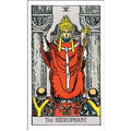 Tarot korta Hierophant, Rider‑Waite stiliaus pilnos kortos iliustracija su raudonu apsiaustu, auksine karūna ir priekiu