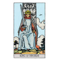 tarot korta Kalavijų Karalius iš Rider–Waite komplekto, spalvota iliustracija, kortos priekinė pusė