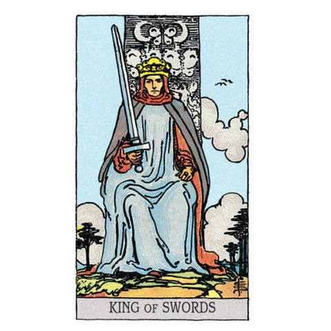 tarot korta Kalavijų Karalius iš Rider–Waite komplekto, spalvota iliustracija, kortos priekinė pusė
