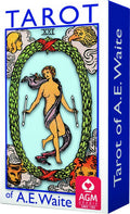 A.E. Waite tarot kortos AGM Urania dėžutėje – mėlyna ir balta pakuotė su „Pasaulis“ kortos iliustracija ant priekinio viršelio