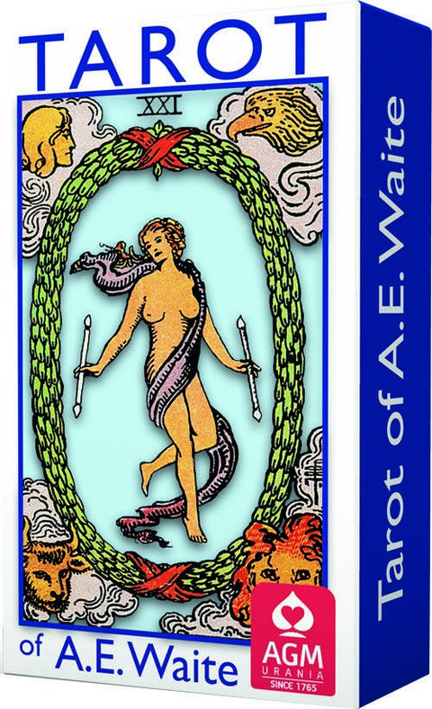A.E. Waite tarot kortos AGM Urania dėžutėje – mėlyna ir balta pakuotė su „Pasaulis“ kortos iliustracija ant priekinio viršelio
