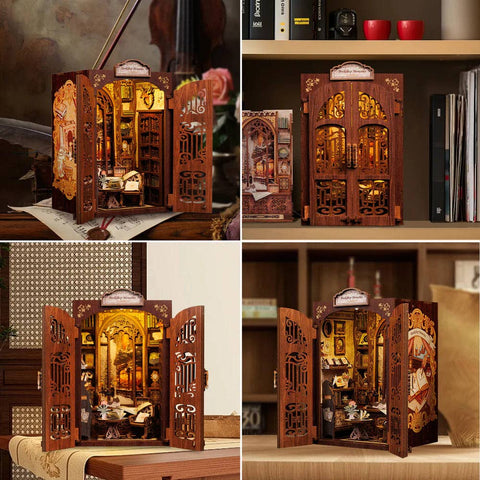 Bookshop Memories medinis knygų kampelis su LED, DIY rinkinys