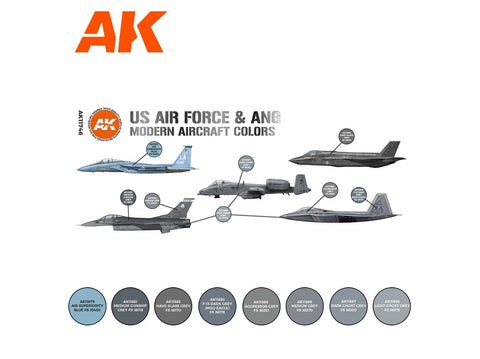 AK Interactive 3 kartos akrilinių dažų rinkinys USAF/ANG moderniems lėktuvams