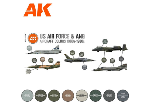 AK Interactive akrilinių dažų rinkinys USAF 1960–80, 8 spalvos (AK11747)