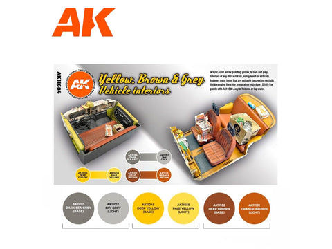 AK Interactive akrilinių dažų rinkinys automobilių salonams, geltona/ruda/pilka