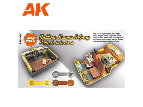 AK Interactive akrilinių dažų rinkinys automobilių salonams, geltona/ruda/pilka