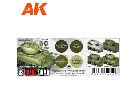 AK Interactive US Olive Drab moduliacijos akrilinių dažų rinkinys