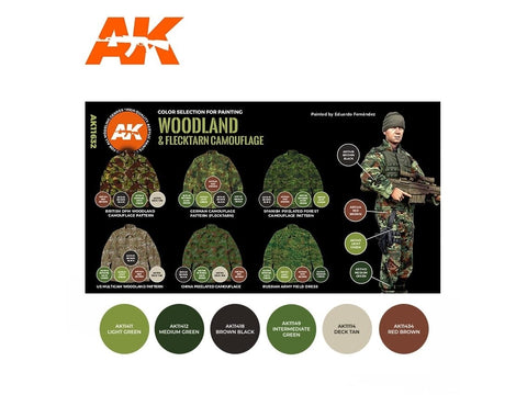 AK Interactive Woodland & Flecktarn 3Gen akrilinių dažų rinkinys
