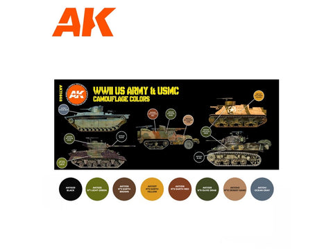 AK Interactive WWII US Army/USMC kamufliažo akriliniai dažai, rinkinys