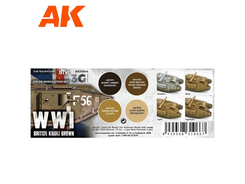 AK Interactive WWI britų khaki moduliacijos akrilinių dažų rinkinys 3 kartos