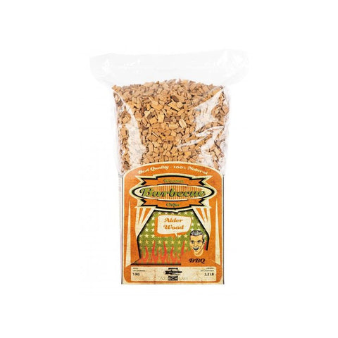 Medienos drožlės alksnio, 1 kg skaidrioje pakuotėje su oranžine priekinė etikete, skirtos BBQ dūminimui ir maisto aromatizavimui