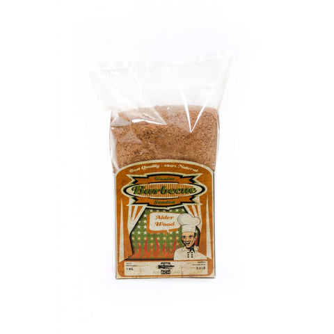 Dūmų drožlės iš alksnio, 1 kg pakelis su retro etiketė, natūralios, skirtos barbekiu ir rūkytiems patiekalams