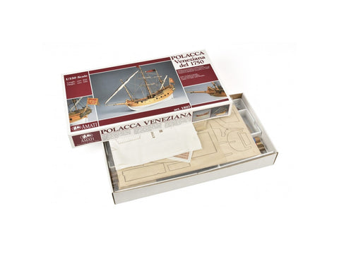 Amati Venecijos Polacca medinis burlaivio modelis 1:150, rinkinys 45 cm
