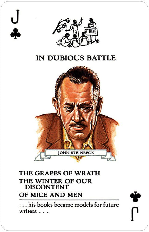 John Steinbeck žaidimo korta su autorius portretu ir knygų pavadinimais ant balto fono, priekis kolekcinės serijos.