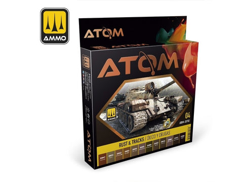 AMMO MIG ATOM akrilinių dažų rinkinys Rust & Tracks – 12 spalvų 20703