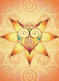 Mandala plakatas oranžinių ir gelsvų tonų su saulės formos širdimi, 40×60 cm, ryškus akcentas moderniam interjerui