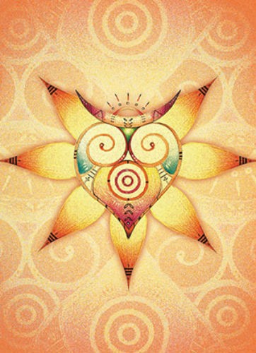 Mandala plakatas oranžinių ir gelsvų tonų su saulės formos širdimi, 40×60 cm, ryškus akcentas moderniam interjerui