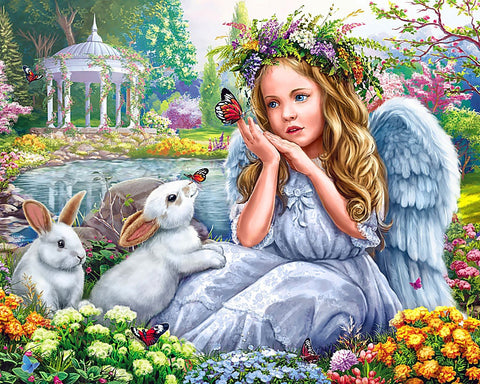 Paveikslas angelas su zuikiais prie gėlių tvenkinio, ryškios spalvos, 60×80 cm drobė, detali kampinė nuotrauka