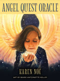 Angelų kortų rinkinys Angel Quest — Karen Noé viršelis su Marie Kelley šviesia angelės iliustracija, pūsto žvaigždžių dulksna