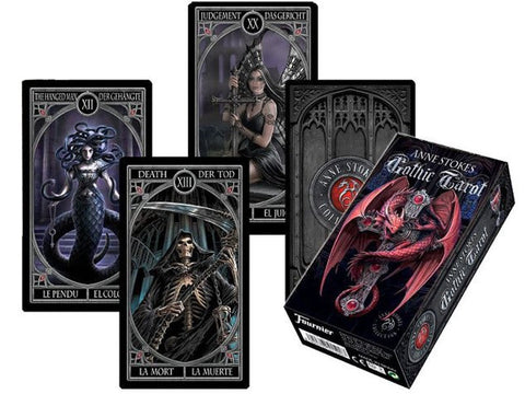 Gothic Tarot kortos Anne Stokes, 78 kortų komplektas su dėklu, tamsios gotikinės iliustracijos ir kelių didžiųjų arkana kortų fragmentai pakuotėje