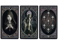 tarot kortos gotikinės serijos: trys kortos — Asas kardų, Karalienė taurų ir Septyni monetų, priekinių pusių dizainai