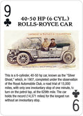 Kolekcinė žaidimo korta: klubo devynakė su Rolls‑Royce 40–50 HP (6 cyl.) iliustracija ir istoriniu aprašu.