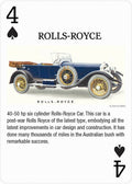 korta su Rolls‑Royce iliustracija, pikų ketvertas, vintage mėlynos spalvos automobilio piešinys ir trumpas aprašymas kolekcinei serijai