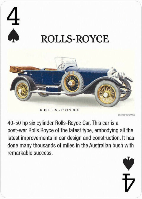 korta su Rolls‑Royce iliustracija, pikų ketvertas, vintage mėlynos spalvos automobilio piešinys ir trumpas aprašymas kolekcinei serijai