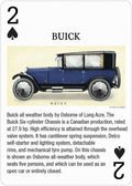 Buick mėlynas šešiavietis 1920‑ųjų sedanas šoniniu profiliu, iliustracija ant kortos su techniniu aprašu apačioje