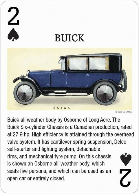 Buick mėlynas šešiavietis 1920‑ųjų sedanas šoniniu profiliu, iliustracija ant kortos su techniniu aprašu apačioje