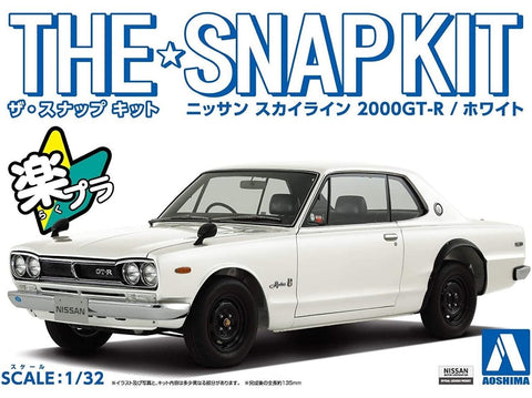 Aoshima Snap Kit Nissan Skyline 2000 GT‑R 1/32 – balta, surenkamas modelis