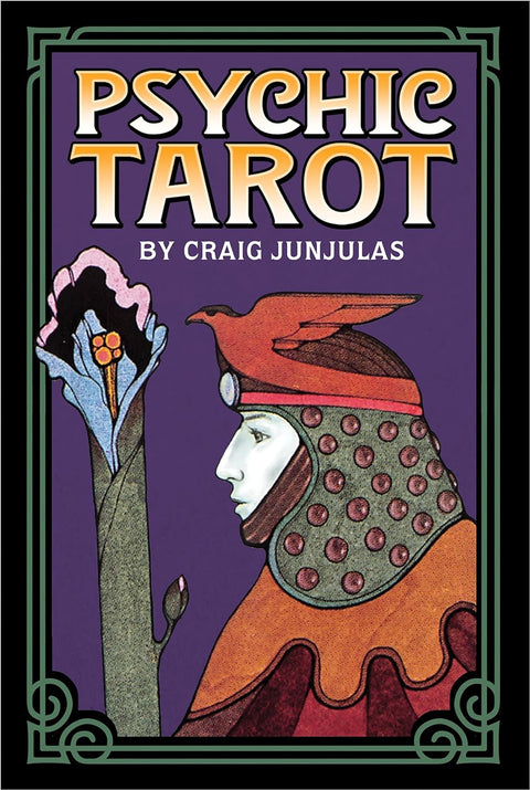 Tarot kortos Psychic Tarot (Craig Junjulas) purpurinė viršelis su profilio figūra ir stilizuota gėlė, dėžutės priekis