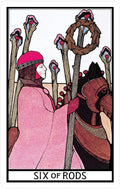Tarot korta Šeši lazdos — rožine apsiaustu figūra su vainiku ir žirgu, priekinis kortos iliustracijos variantas