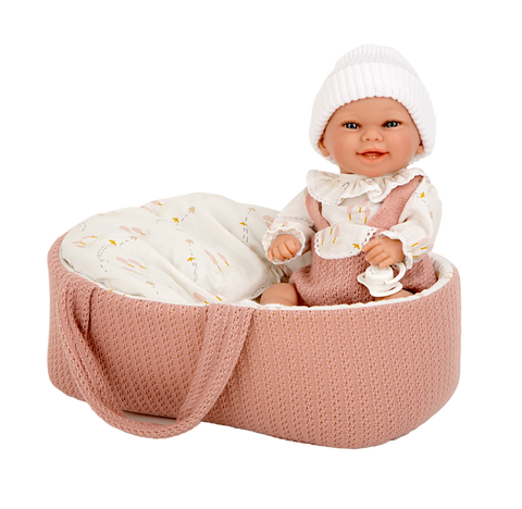 Arias realistiška lėlytė kūdikis su čiulptuku ir nešykle, mergaitė 33 cm