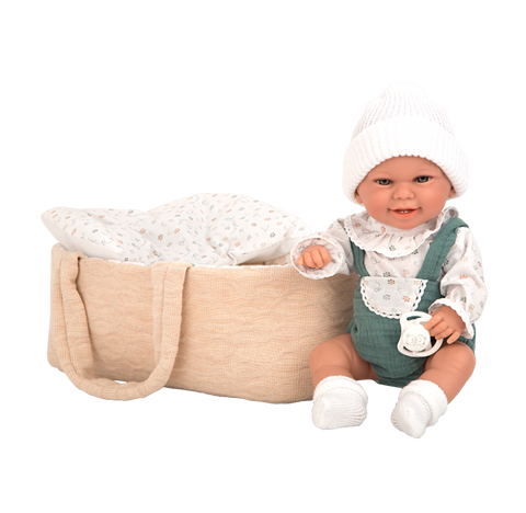 Arias realistinė lėlė kūdikis berniukas su smėline nešykle ir čiulptuku, 33 cm
