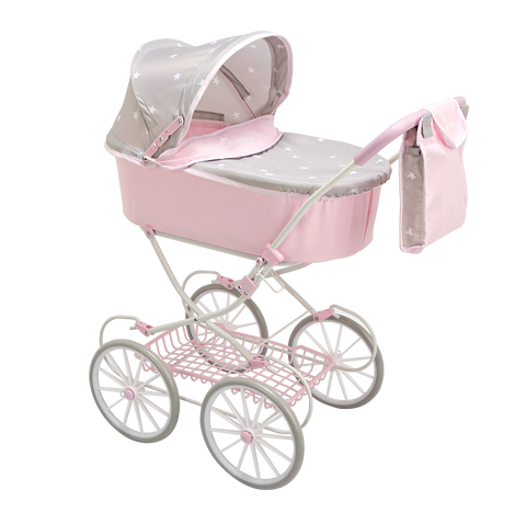 Arias Emma lėlių vežimėlis su stogeliu ir rankine, 56 cm, sulankstomas, pastelinė rožinė ir pilka