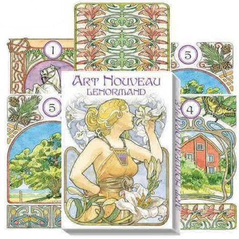 Art Nouveau Lenormand kortų rinkinys su dekoratyvia dėžute ir keliomis iliustruotomis kortomis gėlių ir numerių motyvais