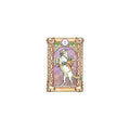 Tarot korta numeris 1 su baltu pakelta žirgu ir raiteliu ant violetinio fono ir ornamentuotu rėmeliu, priekinė kortos pusė
