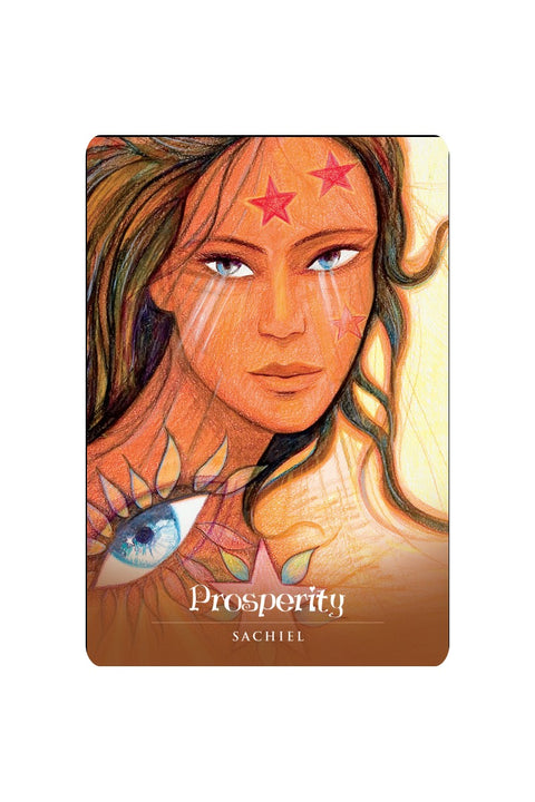 Kortos Prosperity (Sachiel) versija: artimas priekinis kadras su oranžiniais tonais, moters veidu, žvaigždėmis ir akies simboliu